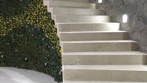 A staircase with a stone wall and a green hedge with yellow flowers. - MH Grand Hotel (Ometepec)