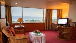 Una camera d'albergo con una grande finestra, una televisione, una poltrona in vimini, un tavolino con un vaso di fiori e un pavimento tappezzato.