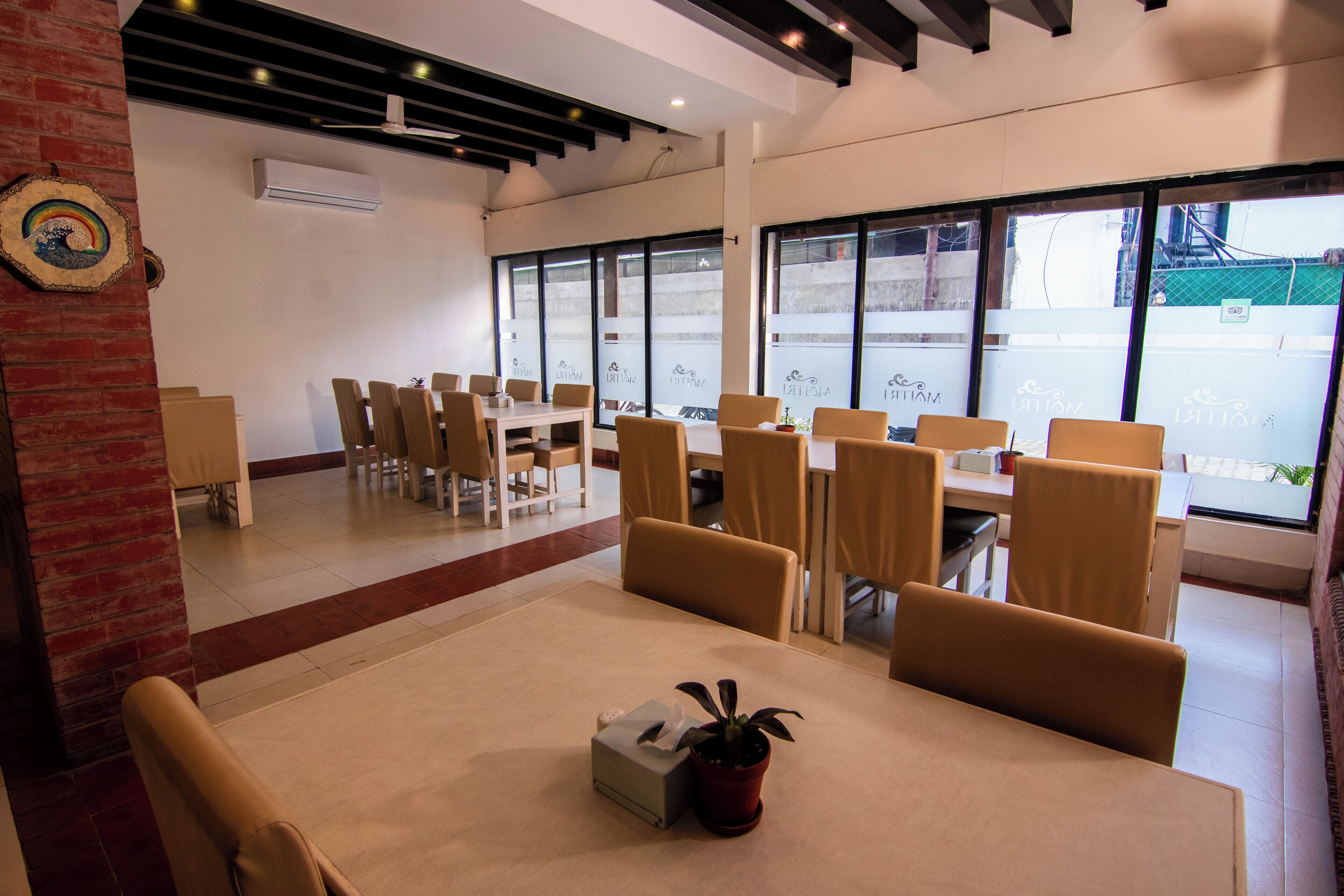 A dining area with tables and chairs, large windows, and a potted plant on one table.