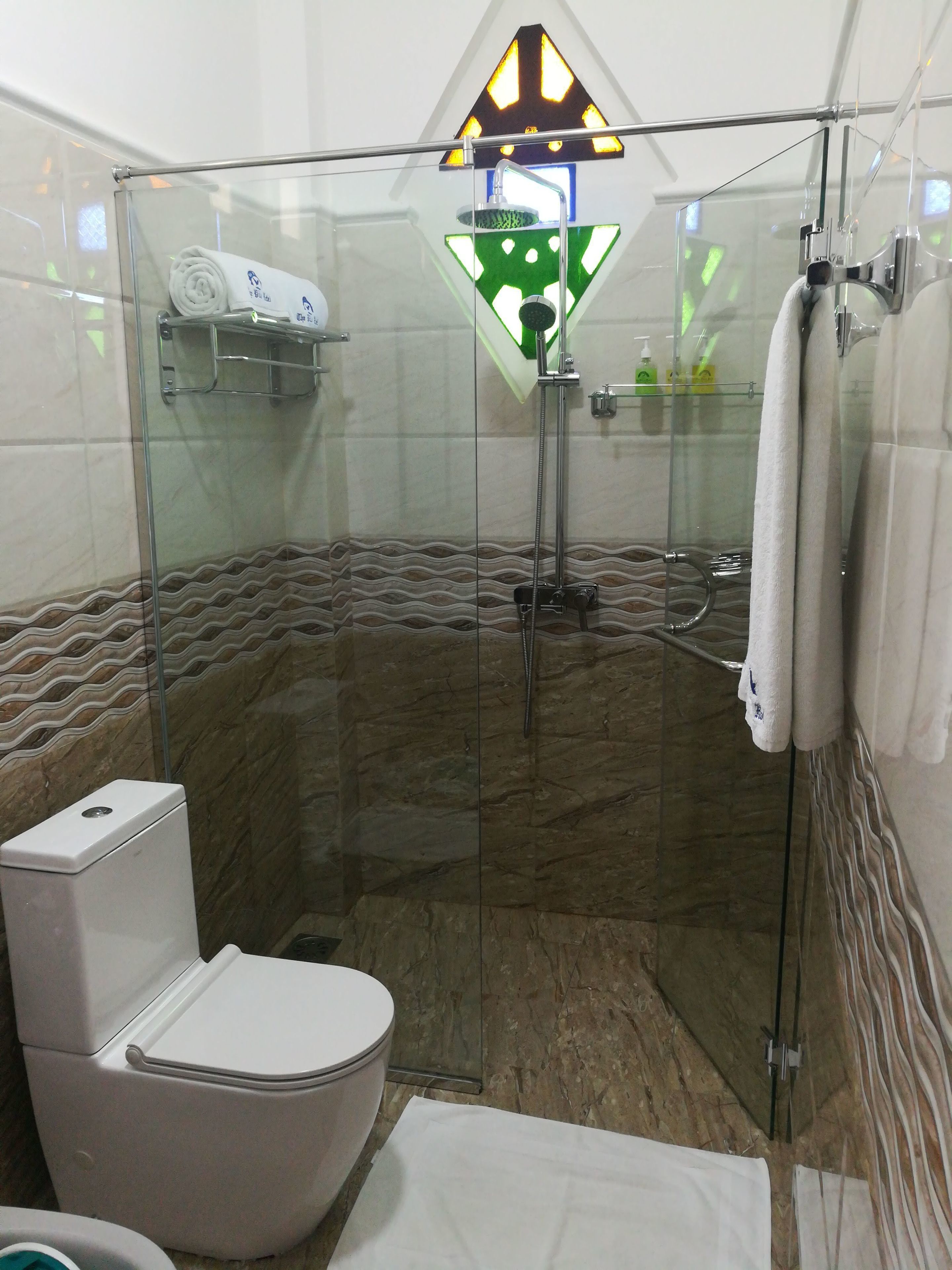 A modern bathroom with a glass-enclosed shower, a toilet, and a towel rack.