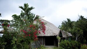 A rustic thatched-roof house surrounded by lush greenery and flowering plants. - Native Village Inn (Banaue)