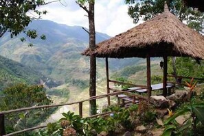 A rustic thatched-roof pavilion with a wooden bench, surrounded by lush greenery and overlooking a valley.