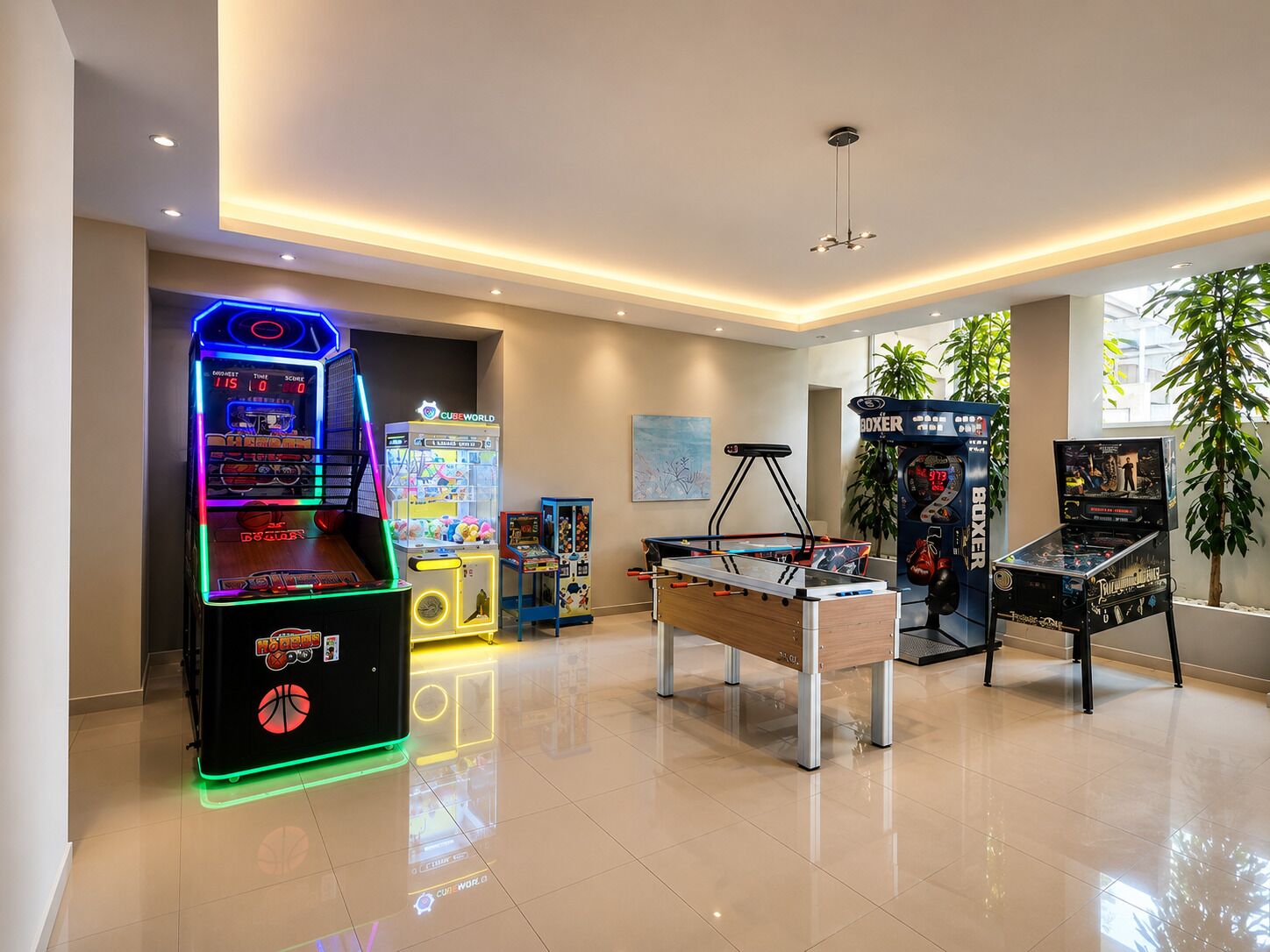 A room with a foosball table, arcade games, and a billiards table.