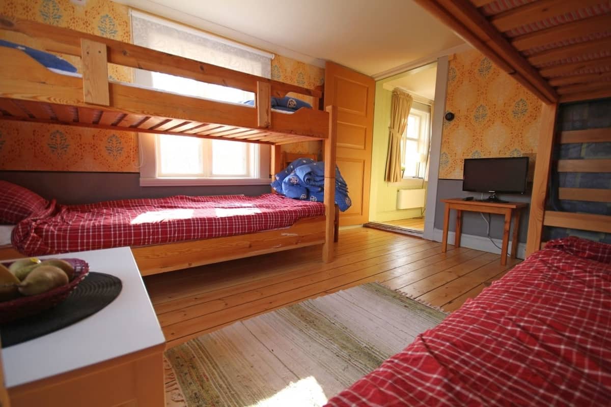 A room with two bunk beds, a television, and a small table with a basket of fruit.