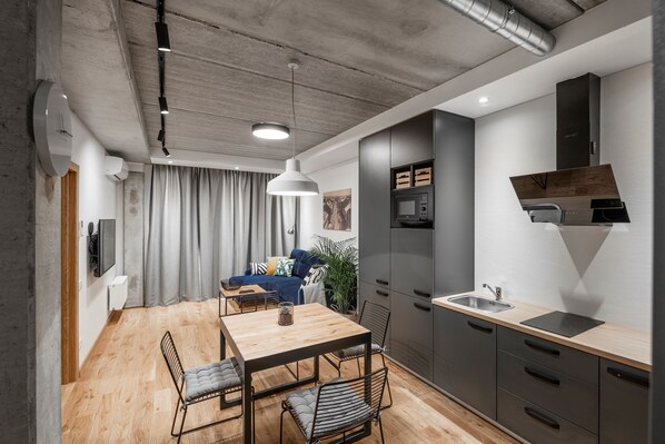 Luxury Apartment, 1 Bedroom, Kitchen, Courtyard View | Private kitchen | Fridge, microwave, stovetop, electric kettle