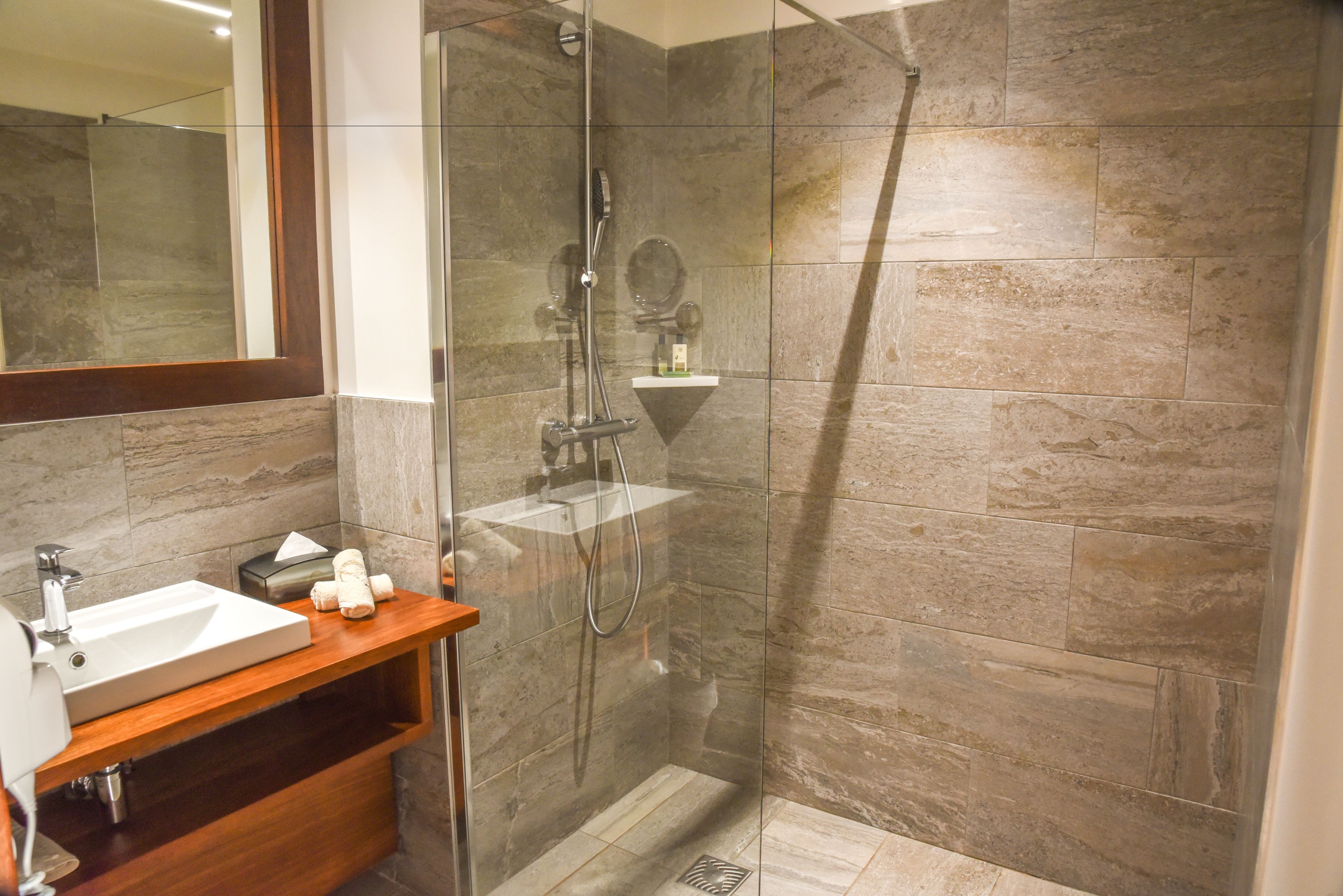 deluxe double or twin room, pool view | bathroom | shower, free toiletries, hair dryer, towels