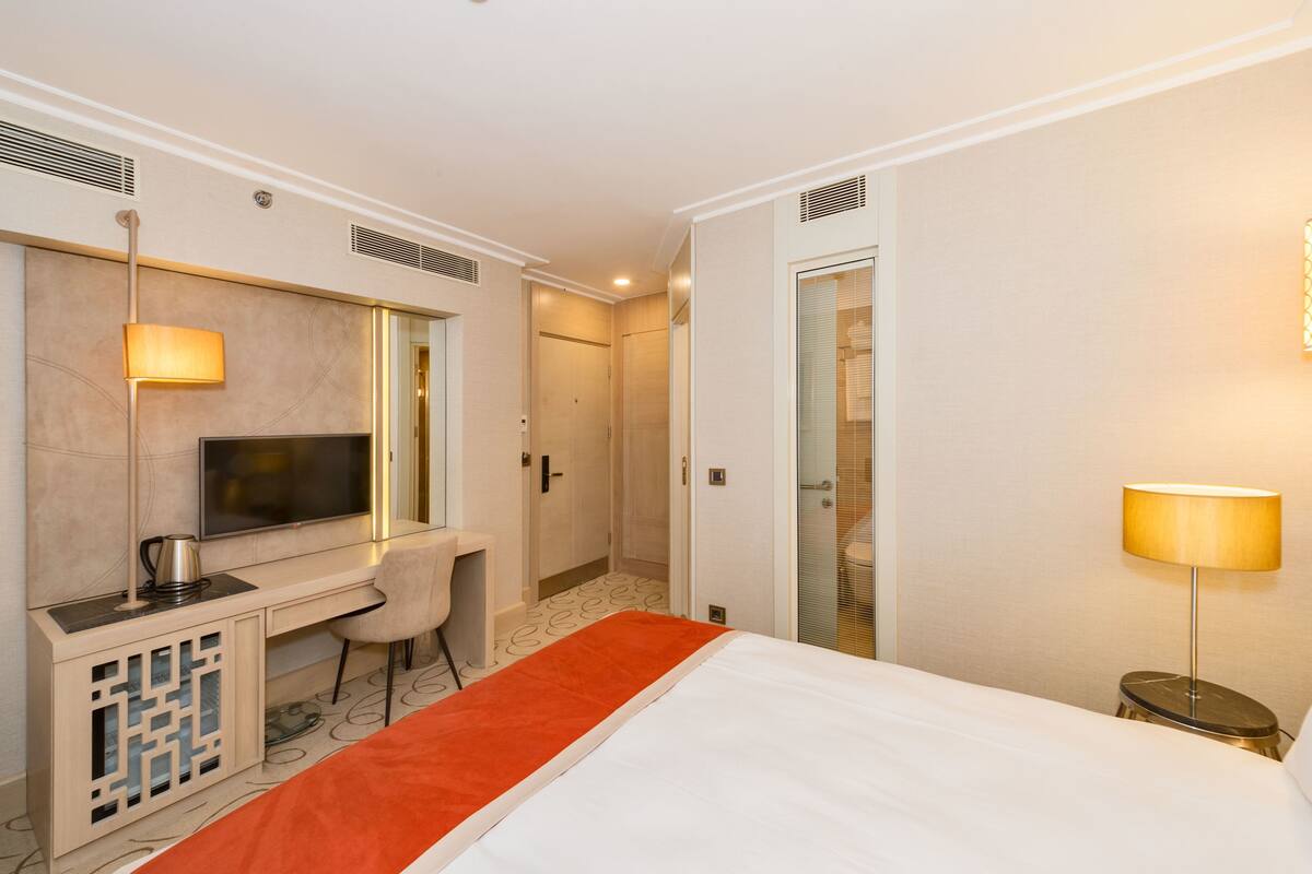 A hotel room with a bed, a desk, a television, a shower, and a lamp.