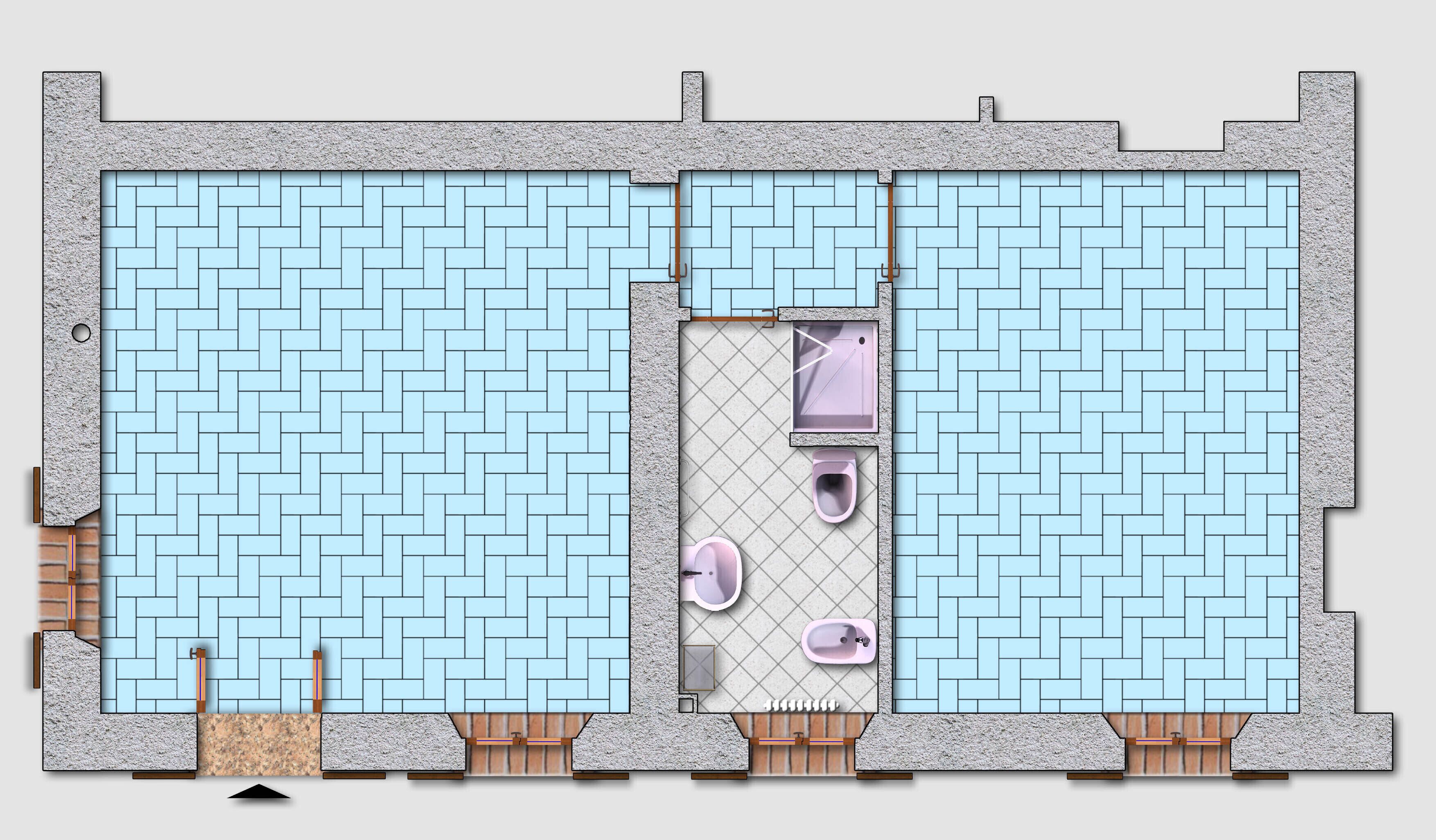 Ein Grundriss eines Badezimmers mit Dusche, Toilette und Bidet.