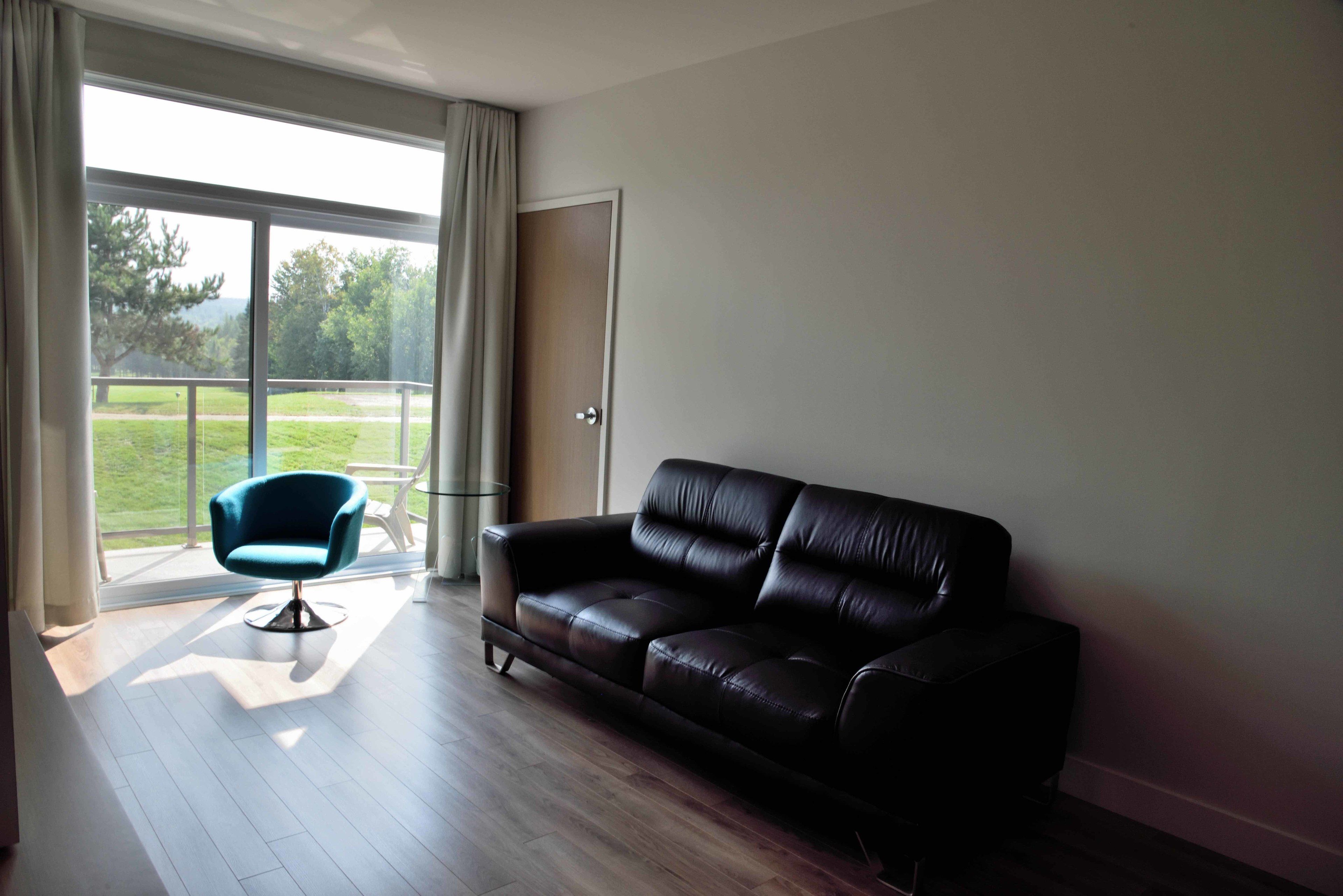 A modern living room with a black leather sofa, a blue armchair, and a large sliding glass door leading to a balcony.