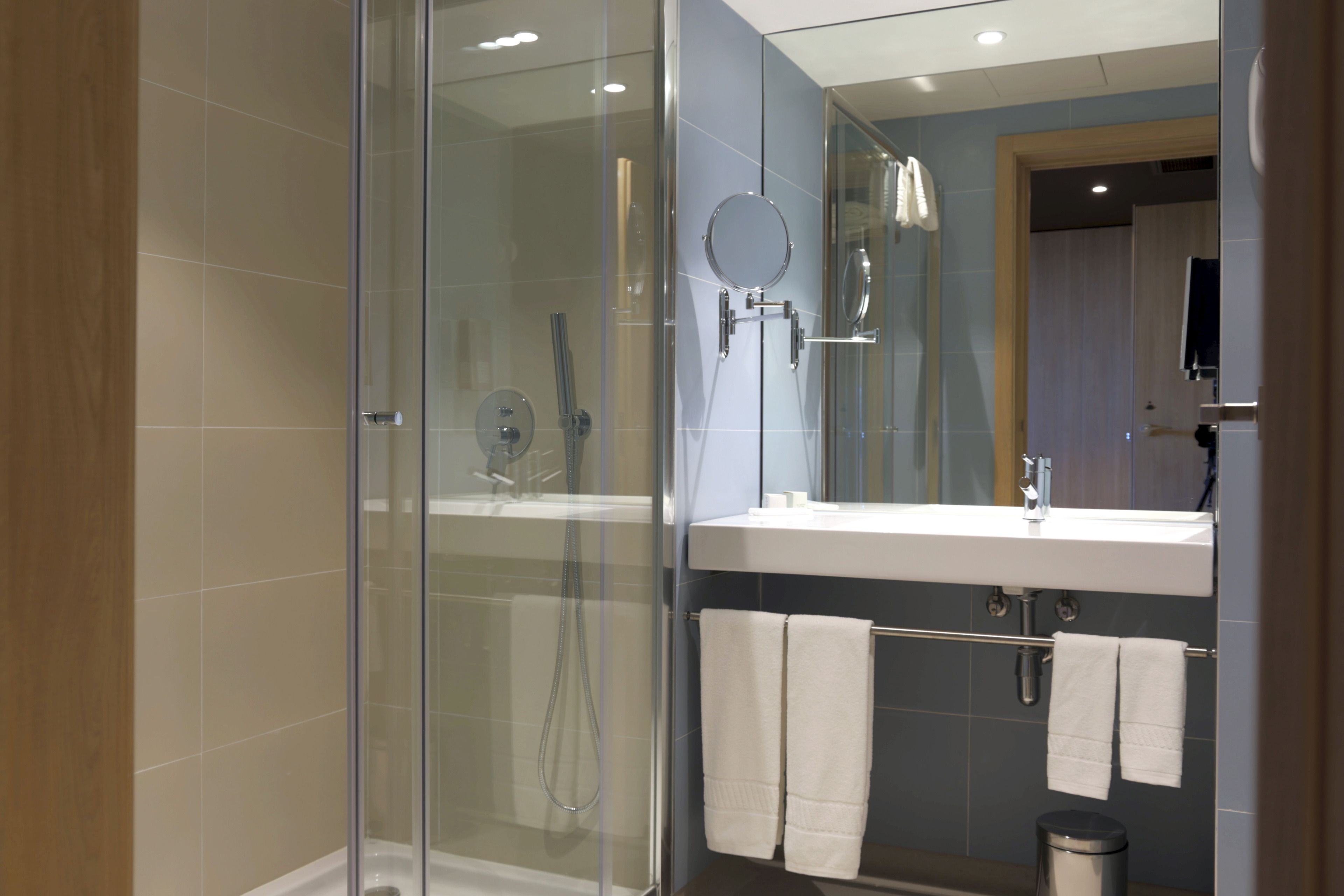 A modern bathroom with a glass-enclosed shower, a white sink, and a mirror above it.