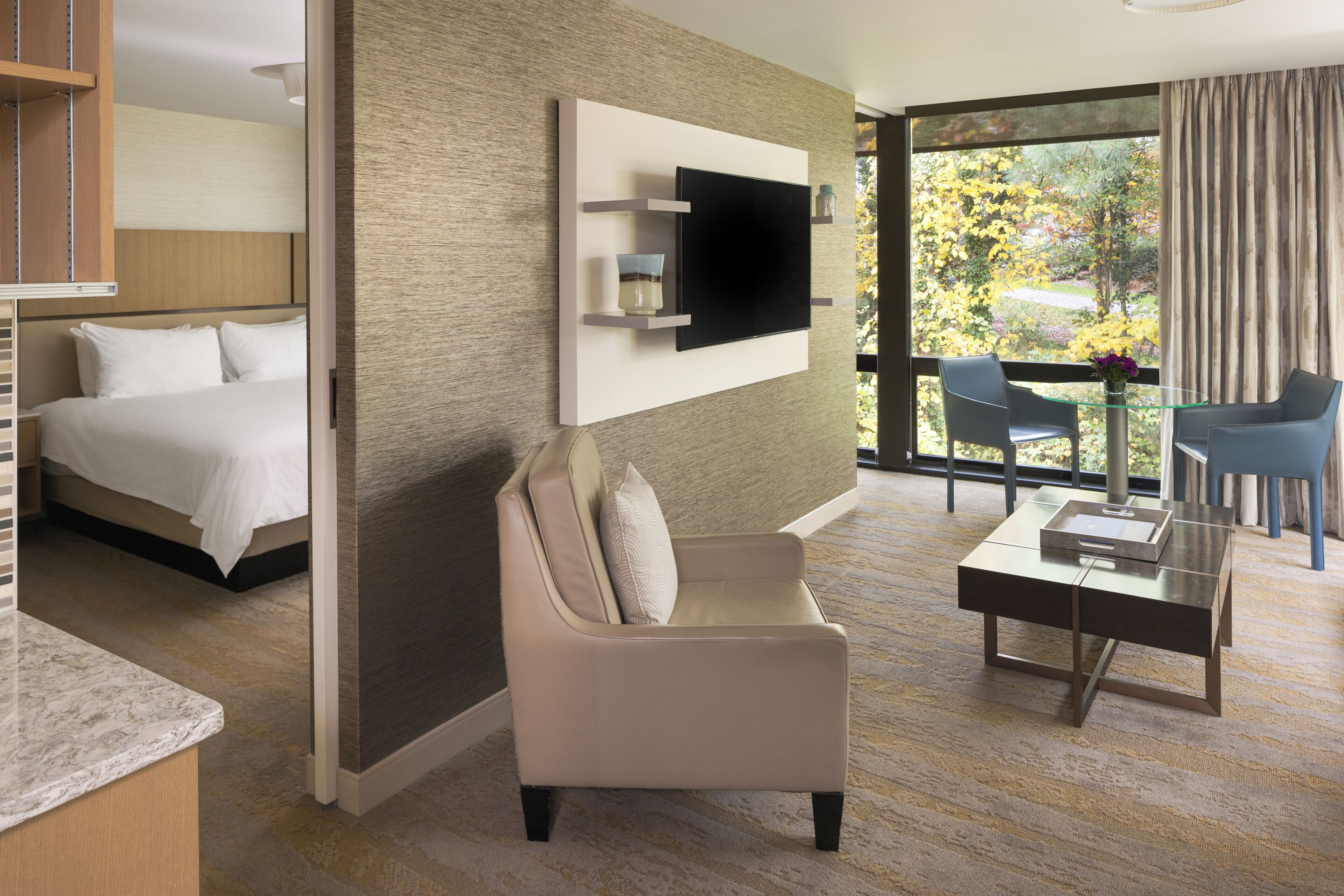 A modern hotel room with a bed, a sofa, a TV mounted on the wall, and a view of the outdoors.