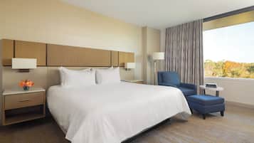 A hotel room with a large bed, a desk with a lamp, a chair, and a view of the outdoors.
