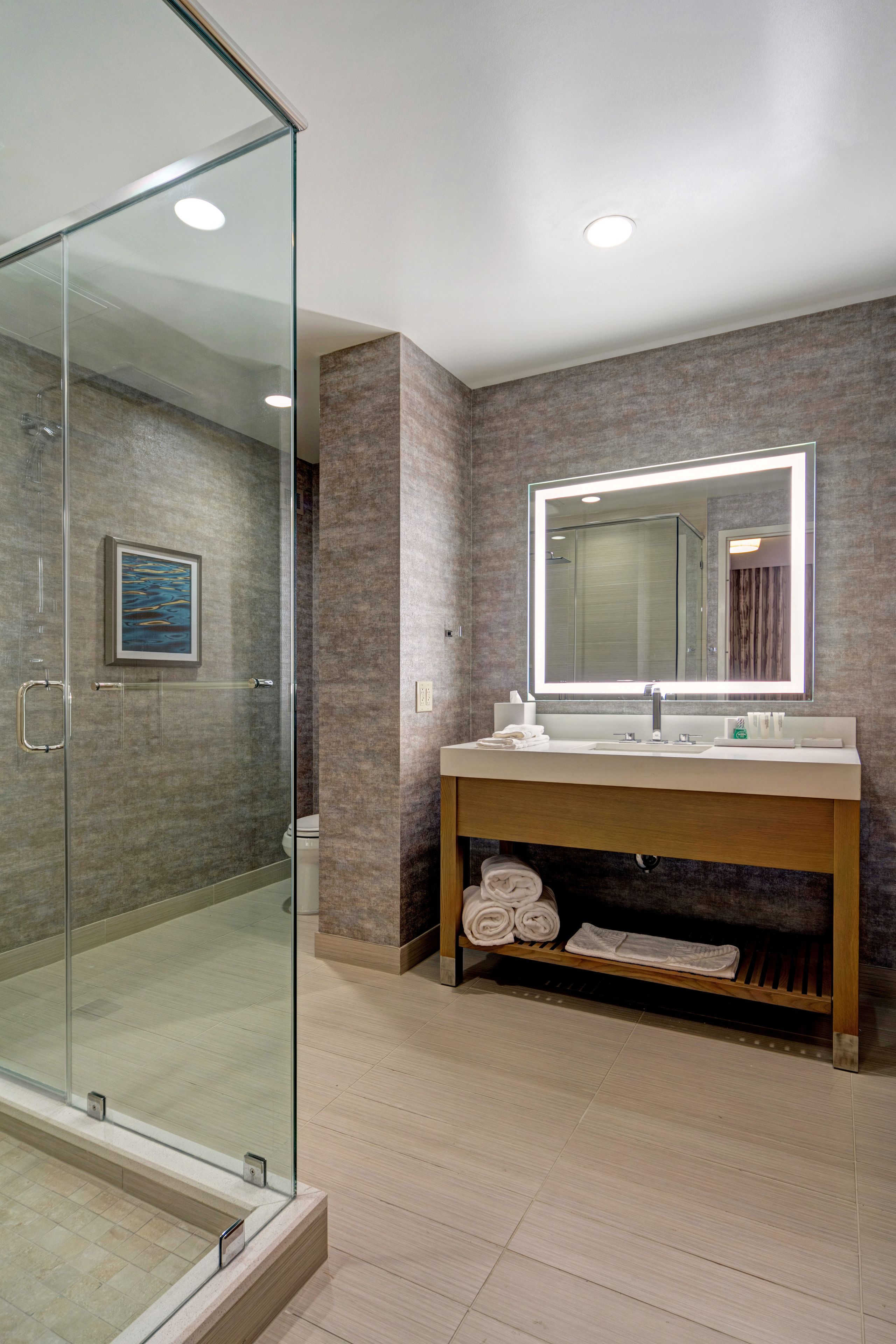 A modern bathroom with a glass shower enclosure, a large mirror, and a wooden vanity.