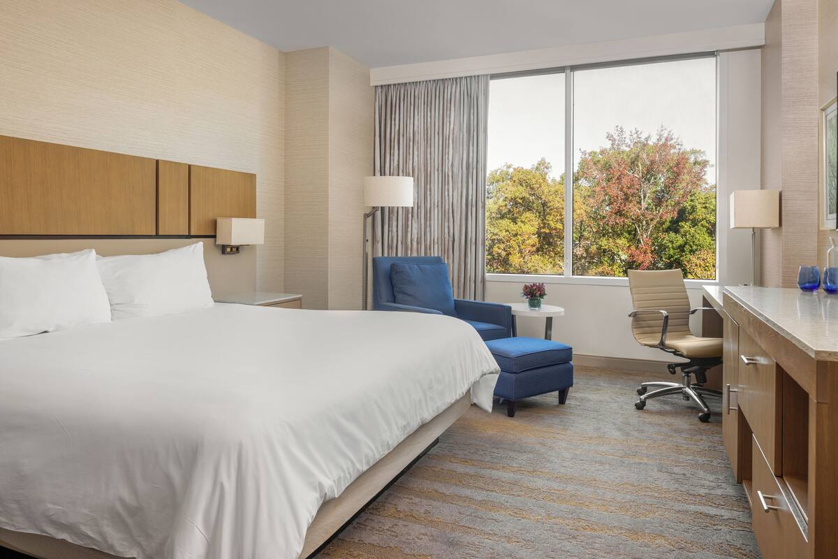 A hotel room with a large bed, a desk, a chair, and a window with a view of trees.