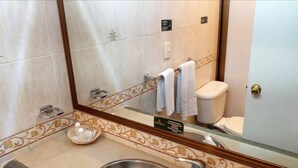 A bathroom with a toilet, a sink, a mirror, and a towel rack.