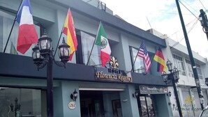 The exterior of Hotel Firenze Regina with multiple flags, including the Italian flag, and a sign indicating the hotel's name.