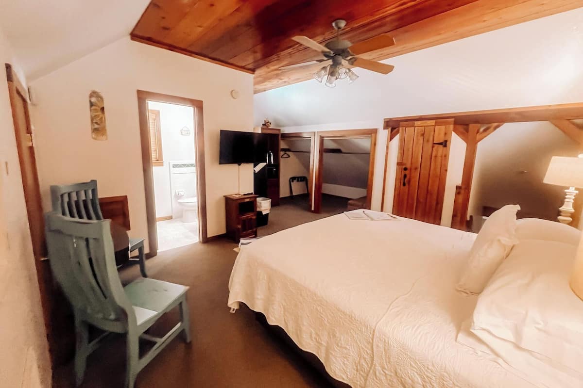 A bedroom with a bed, a chair, a ceiling fan, a TV, and a wardrobe.