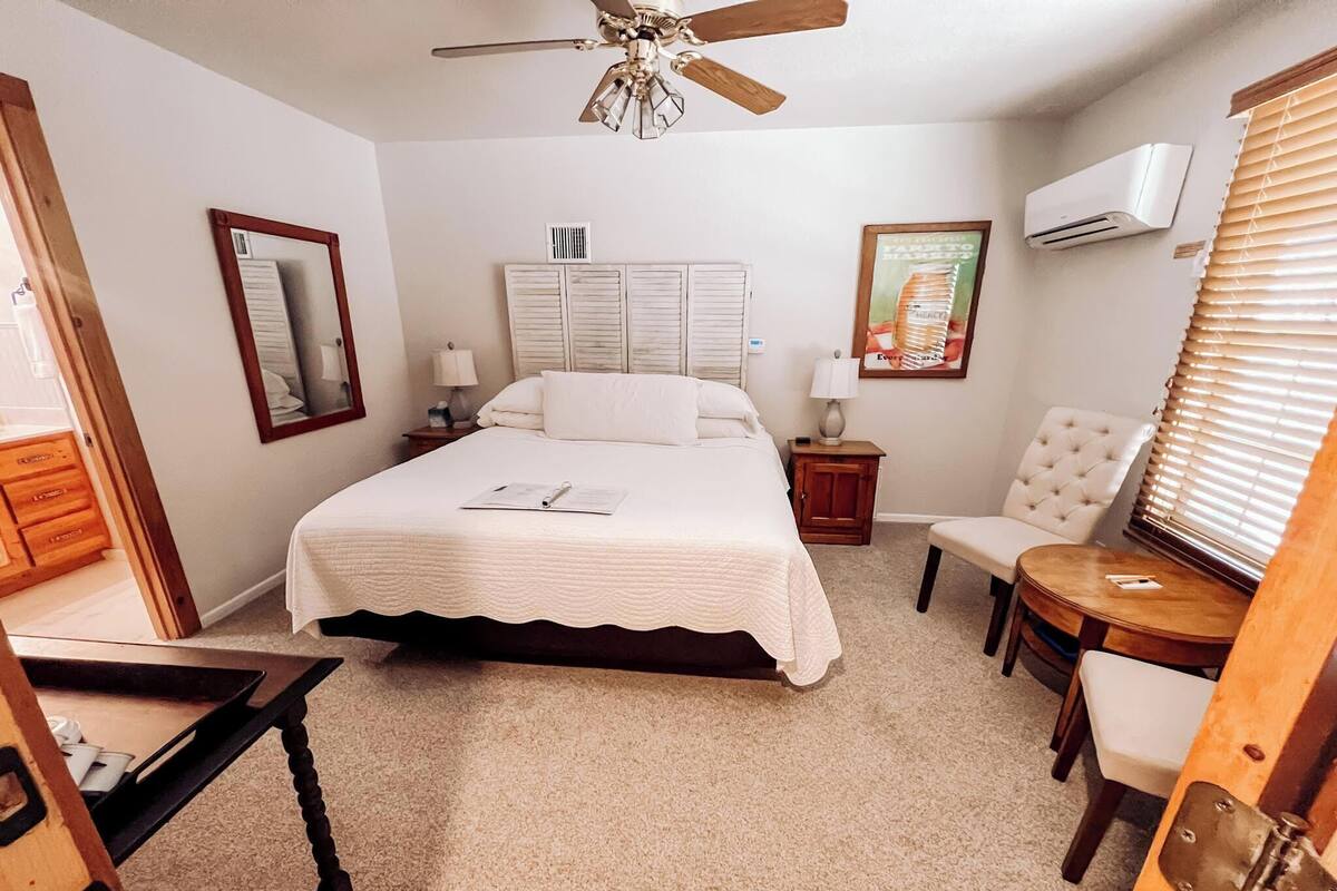 A bedroom with a bed, a desk, a chair, a ceiling fan, and an air conditioning unit.