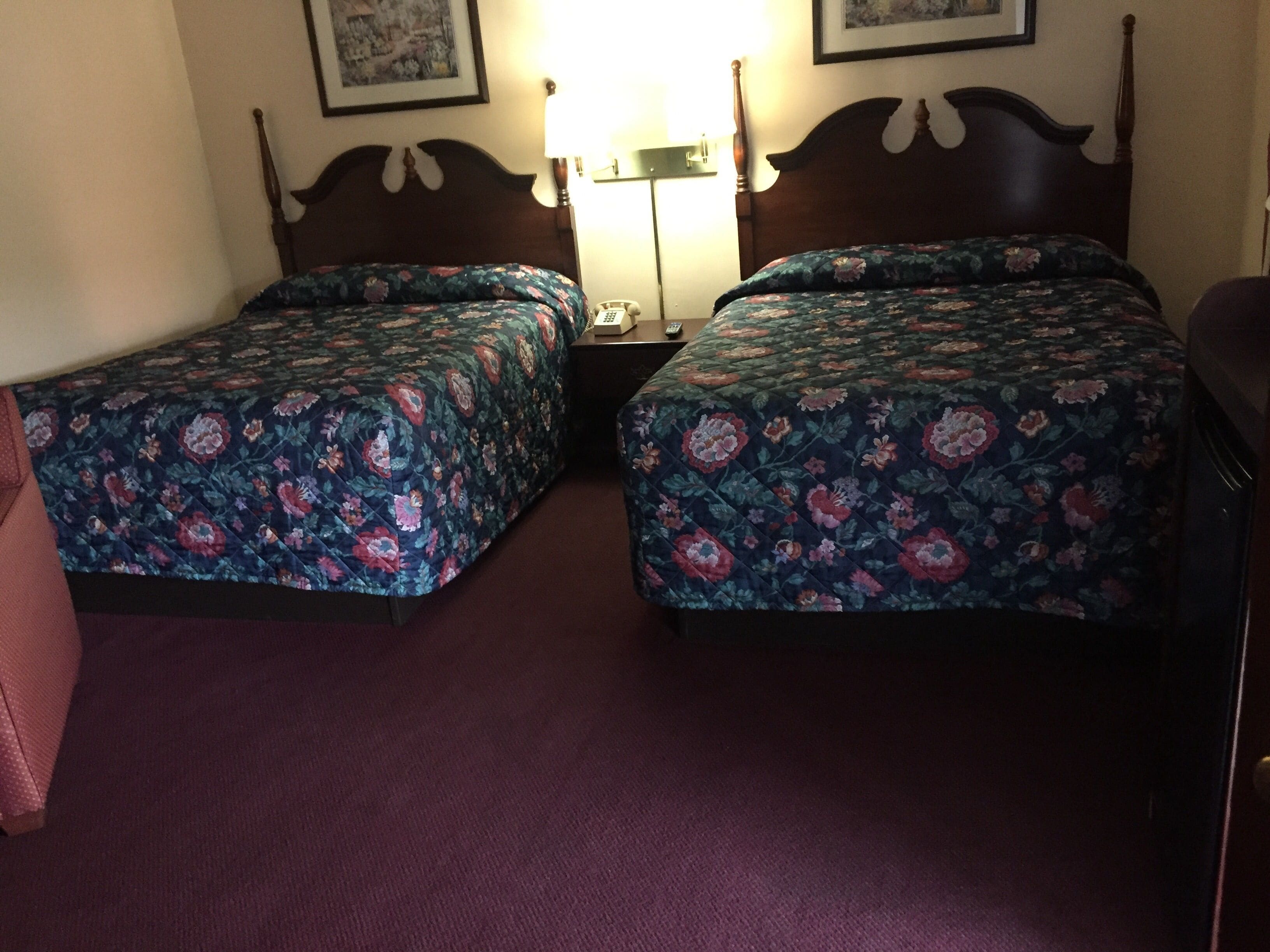 Una habitación con dos camas, cada una con ropa de cama floral, una mesita de noche con lámpara y un cuadro en la pared.