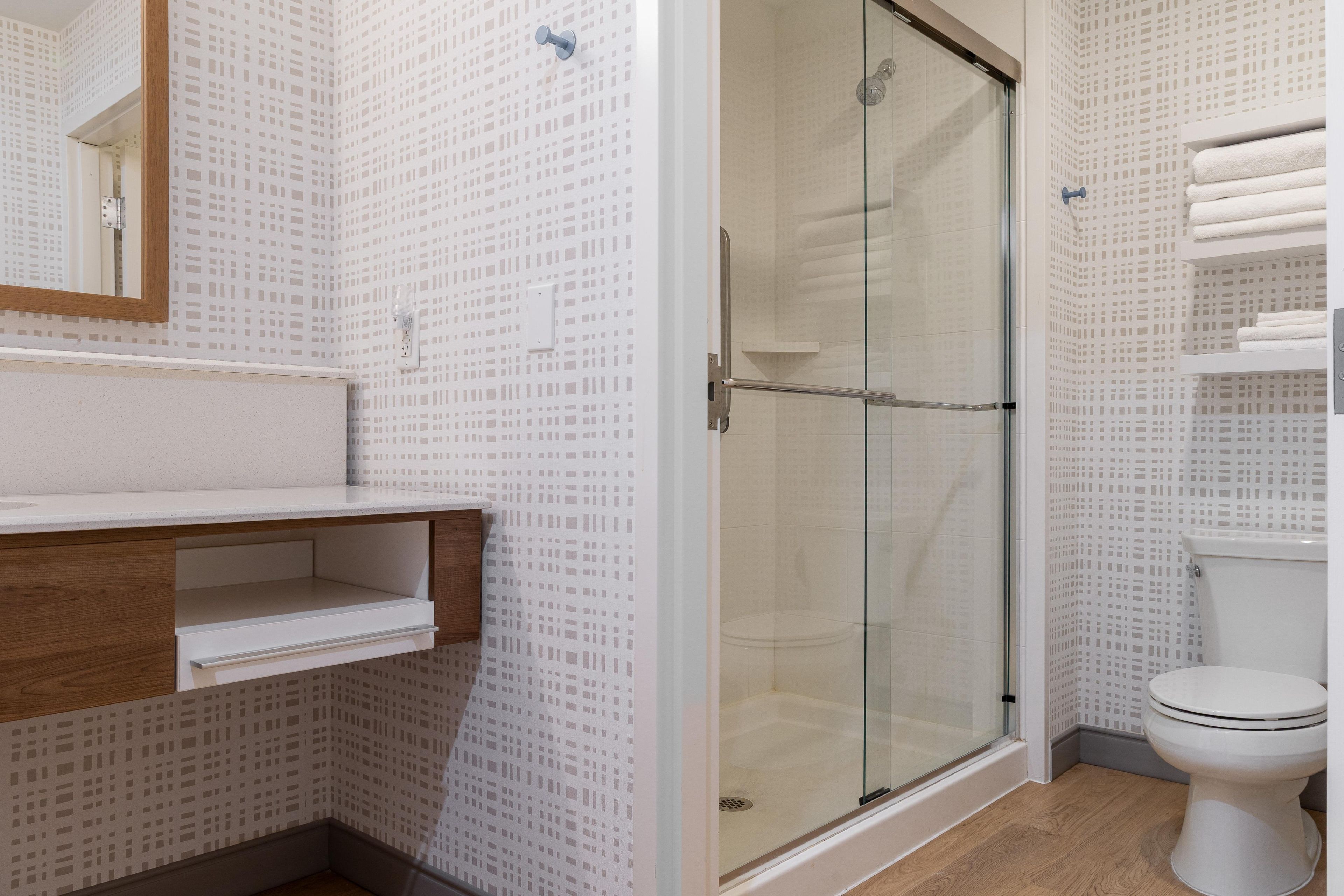 A bathroom with a shower, toilet, and a mirror.