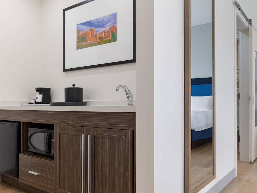 Een moderne badkamer met een wastafel, een koffieapparaat en een ingelijst schilderij aan de muur.