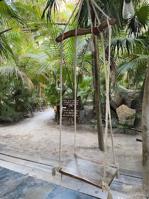 A wooden swing suspended by ropes in a lush, green outdoor area with palm trees and a sandy path.