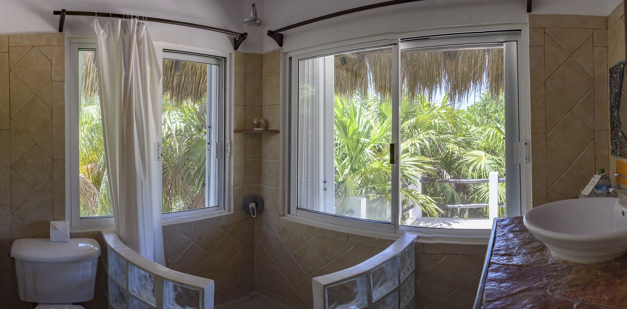 A bathroom with a shower, toilet, and sink, featuring large windows with a view of greenery.