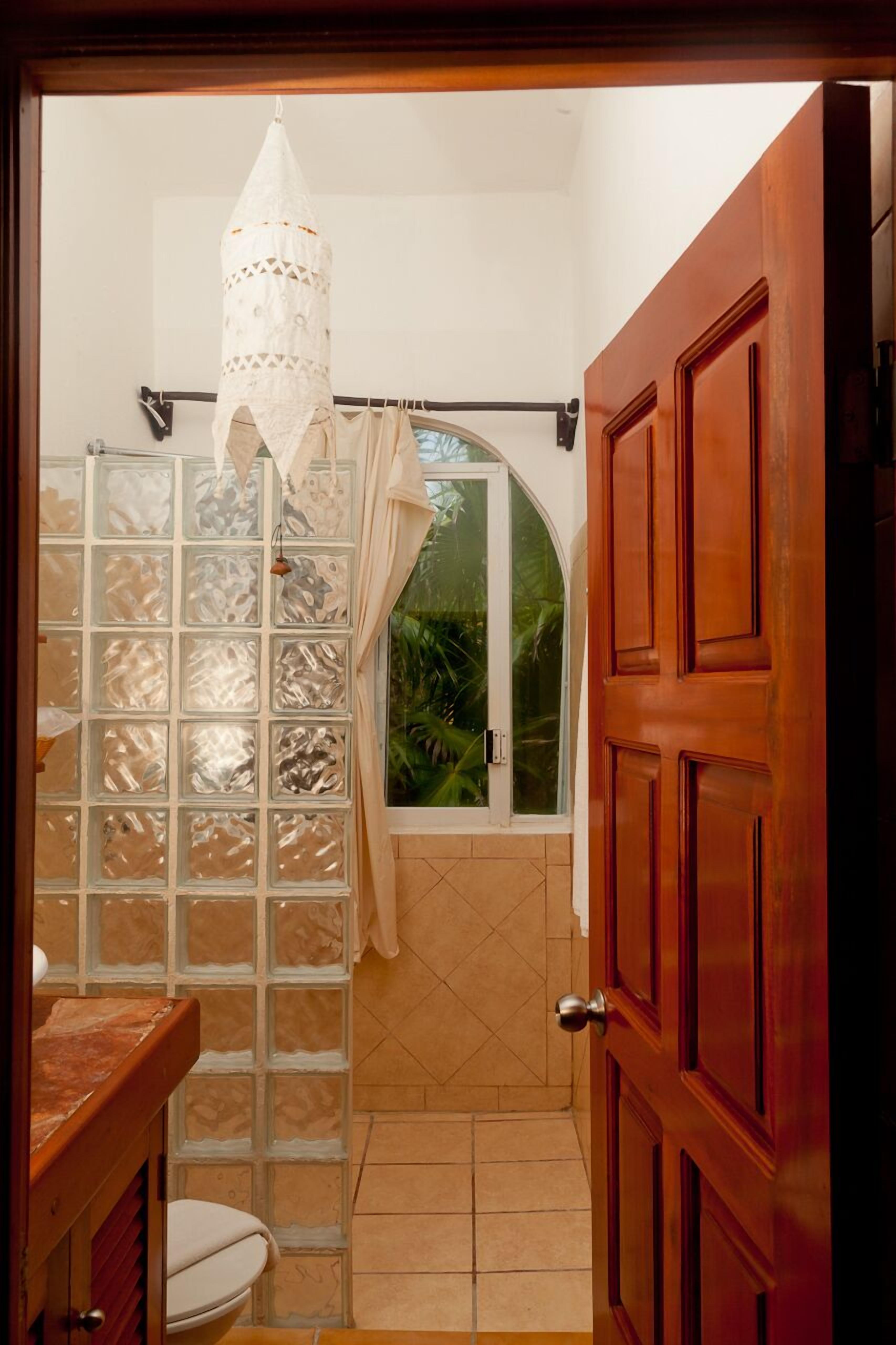 Un baño con cabina de ducha de vidrio, puerta de madera y vistas a la vegetación exterior.