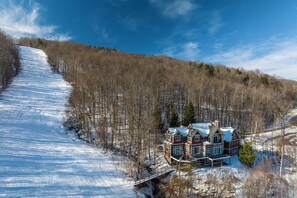 A large, multi-story house with a prominent chimney, situated on a snow-covered slope surrounded by trees.