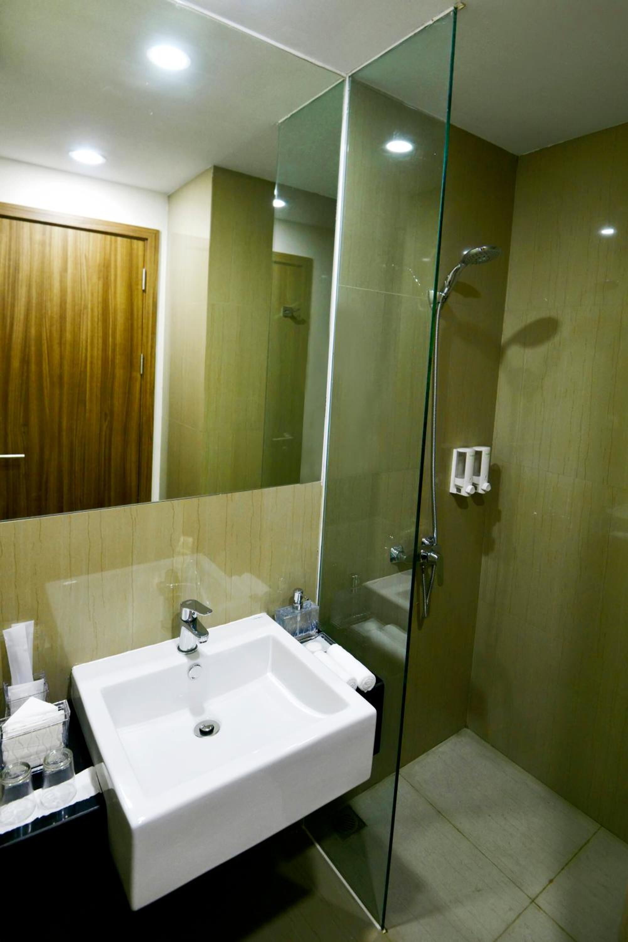 Een moderne badkamer met een douchecabine van glas, een witte wastafel en een houten deur.