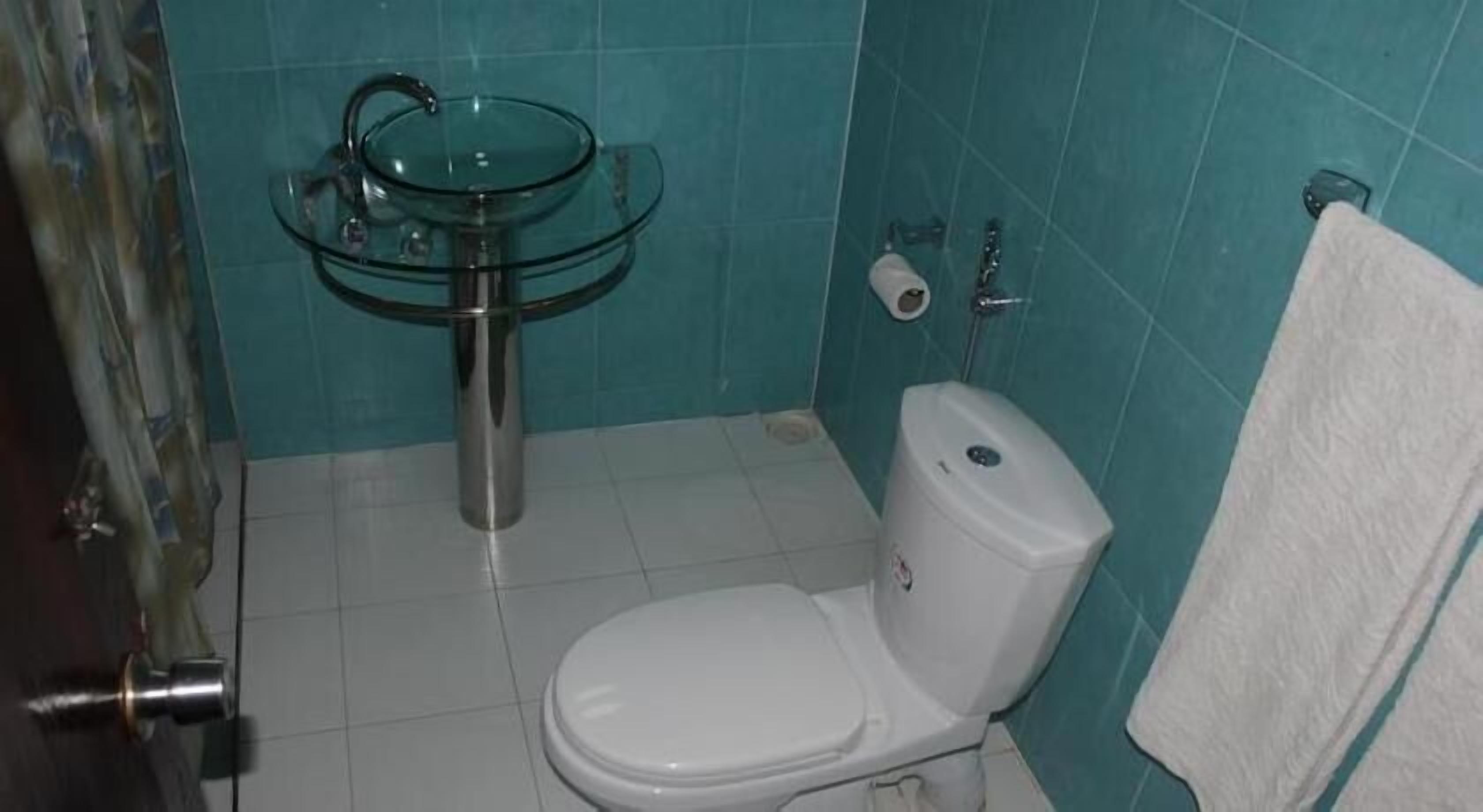 A bathroom with a glass sink, white toilet, and a towel hanging on the wall.