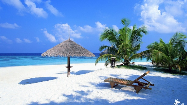 A beach with a thatched umbrella, a wooden lounge chair, and palm trees. - Secret Escape Nilaveli Ayurveda Hotel & Spa (Nilaveli)