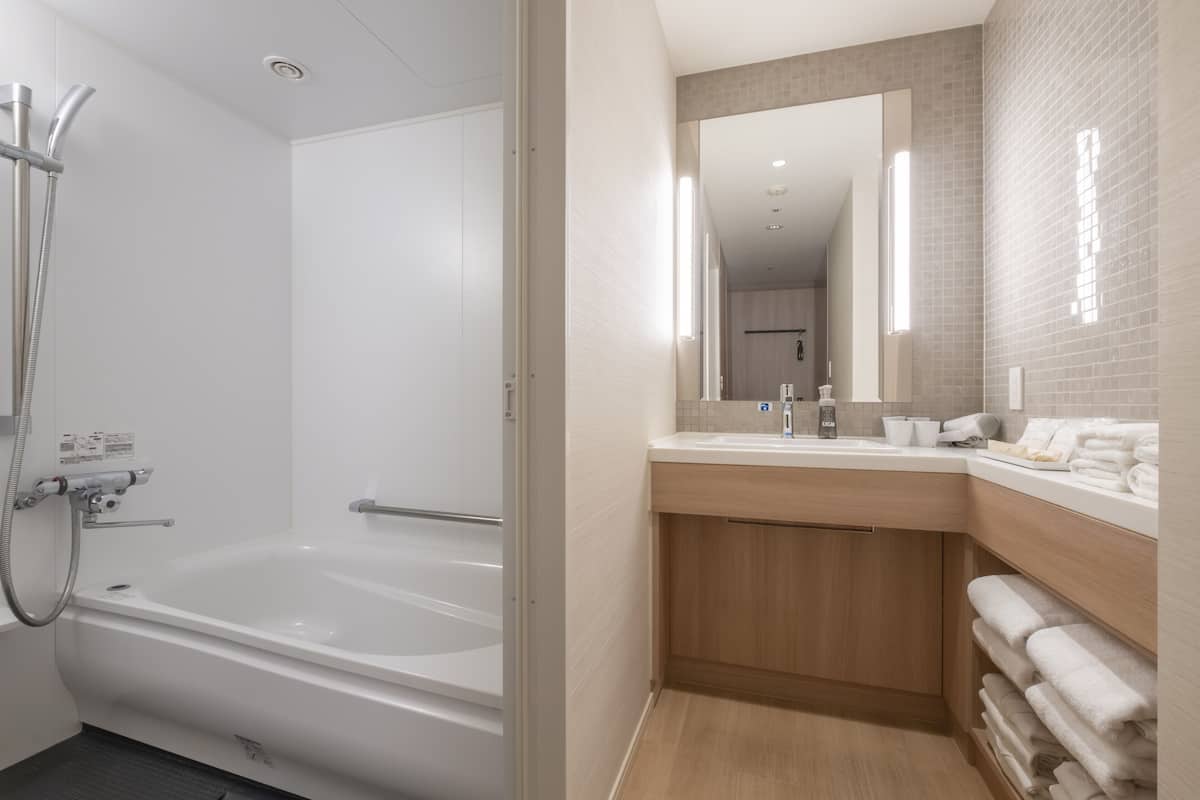 combined shower/bathtub, free toiletries, hair dryer, slippers