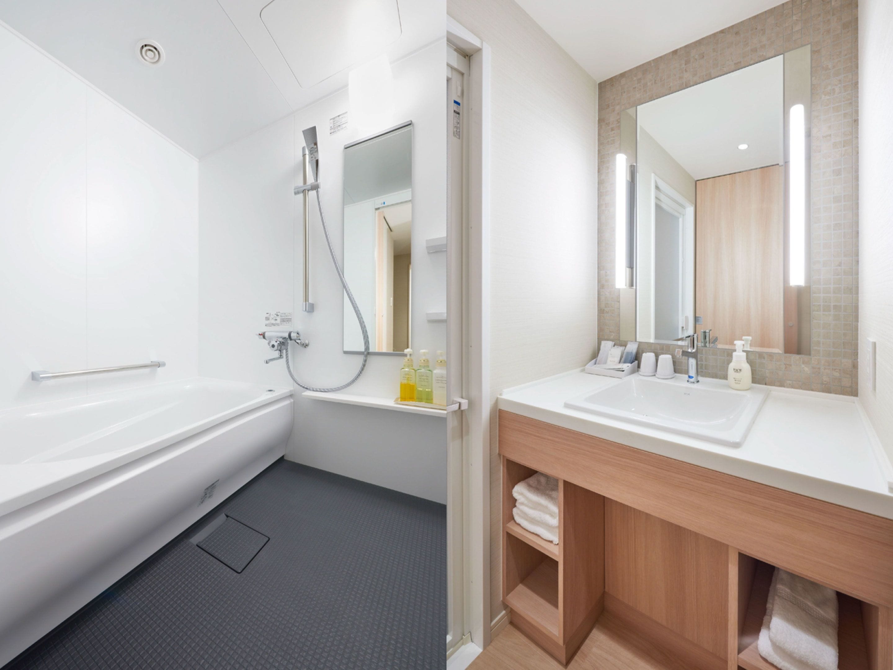 combined shower/bathtub, free toiletries, hair dryer, slippers