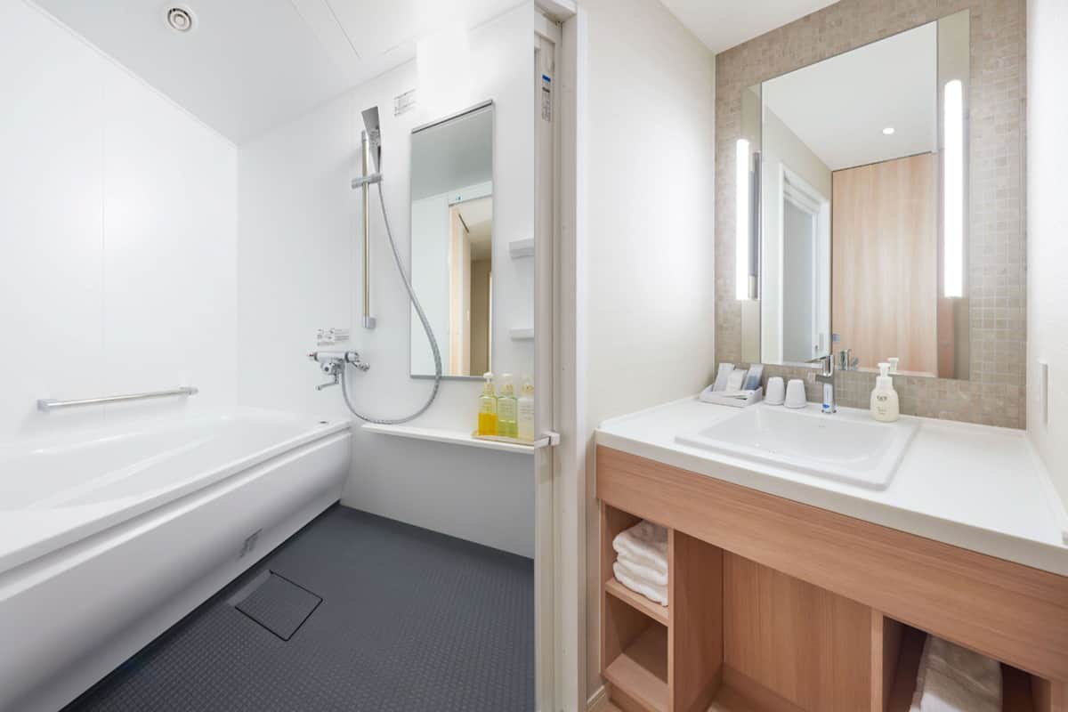 combined shower/bathtub, free toiletries, hair dryer, slippers