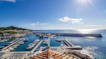 Un port de plaisance avec des bateaux amarrés, une jetée et une vue sur la mer.