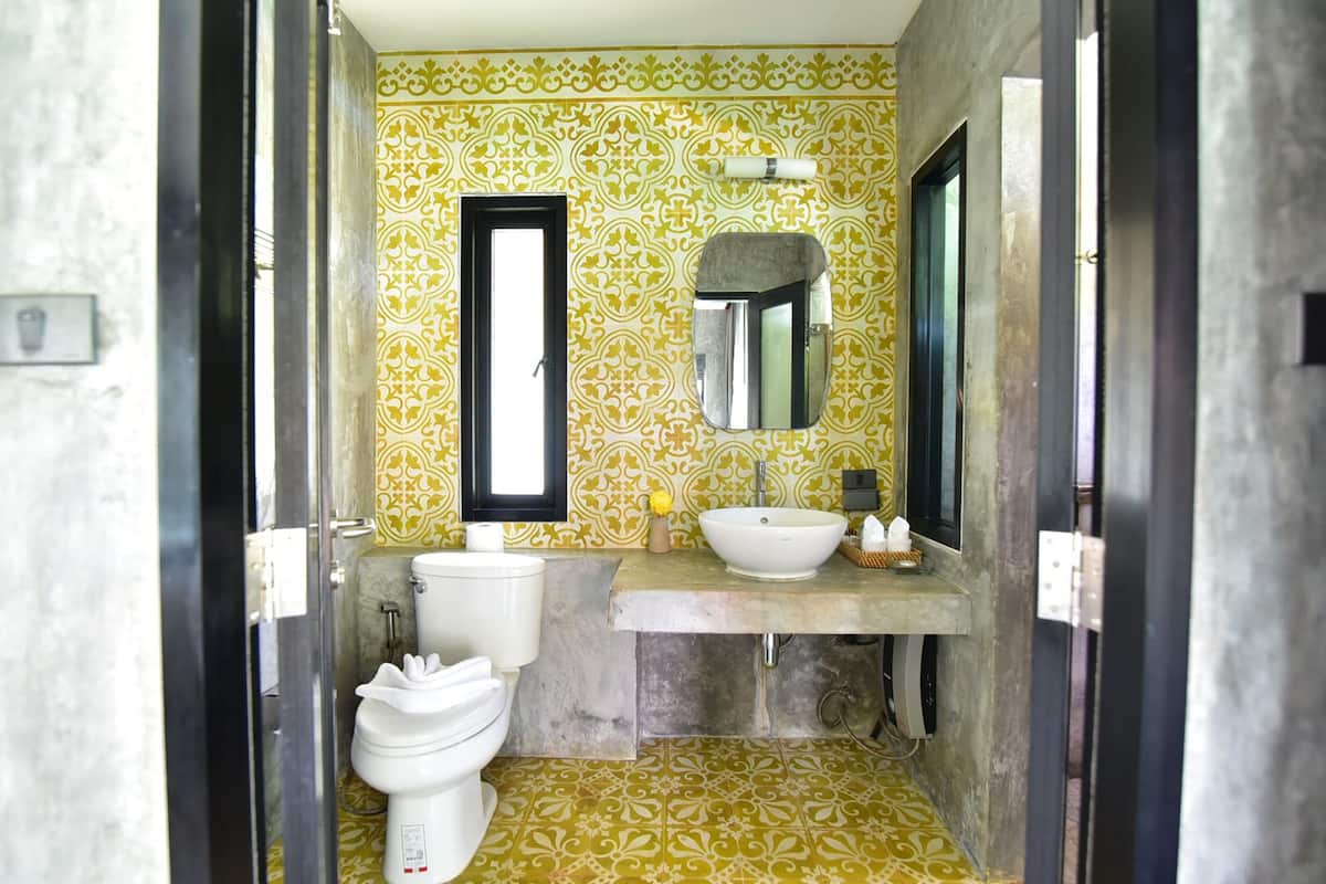 pool view villa | bathroom | shower, rainfall showerhead, free toiletries, hair dryer