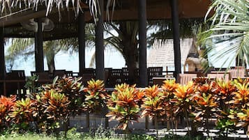Een overdekt terras in de open lucht met rieten dak, palmbomen en tropische planten.