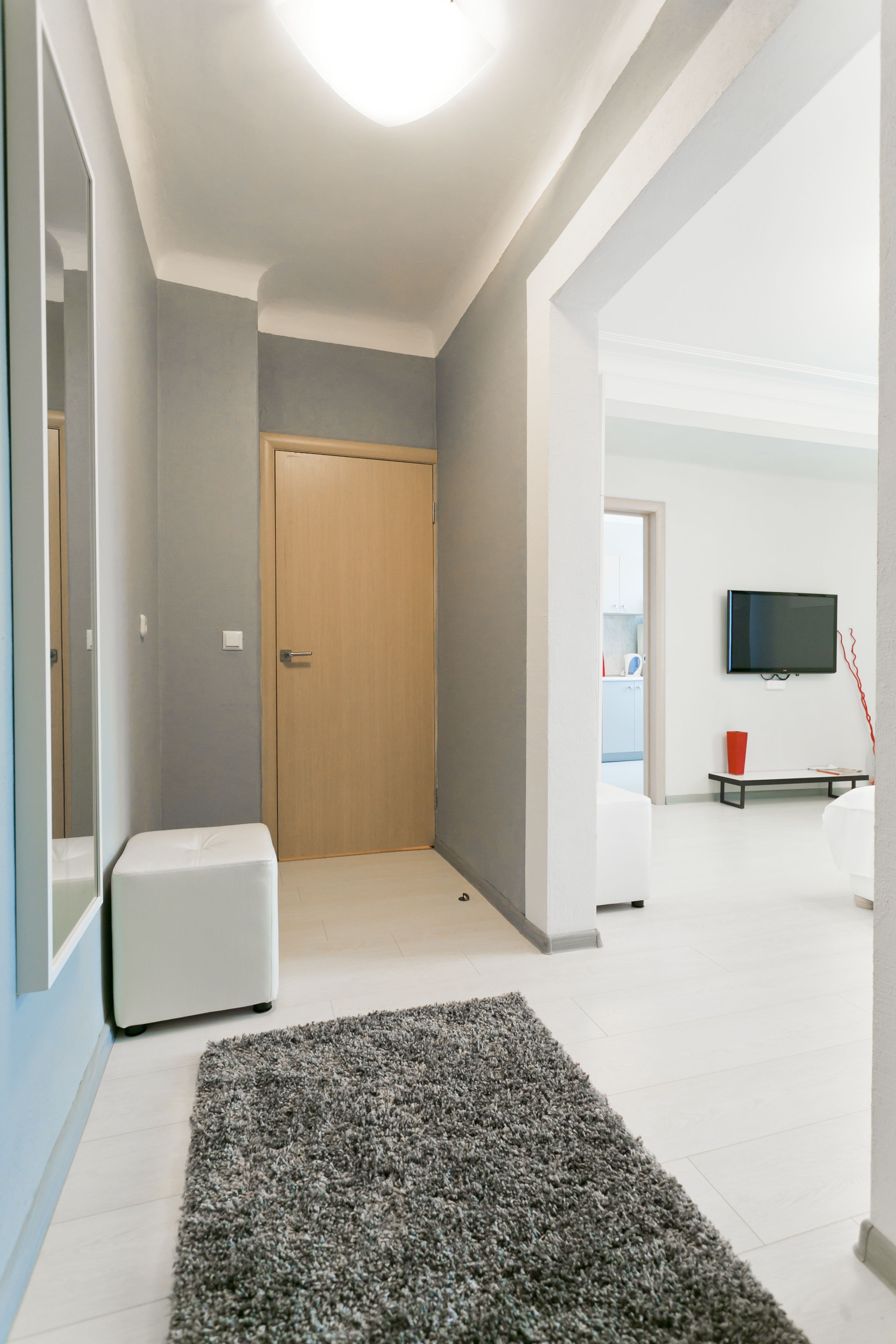 A modern living room with a flat-screen TV mounted on the wall, a grey carpet, and a wooden door.