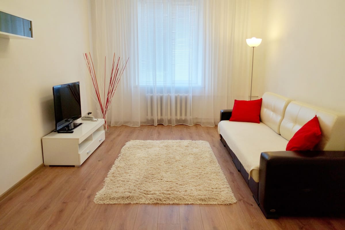 Un salon avec un canapé, un téléviseur posé sur un meuble, une lampe sur pied et une fenêtre avec des rideaux.