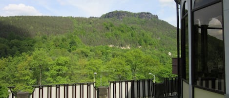Vista de un paisaje verde y exuberante con una montaña al fondo, una zona pavimentada en primer plano y un edificio con amplias ventanas.
