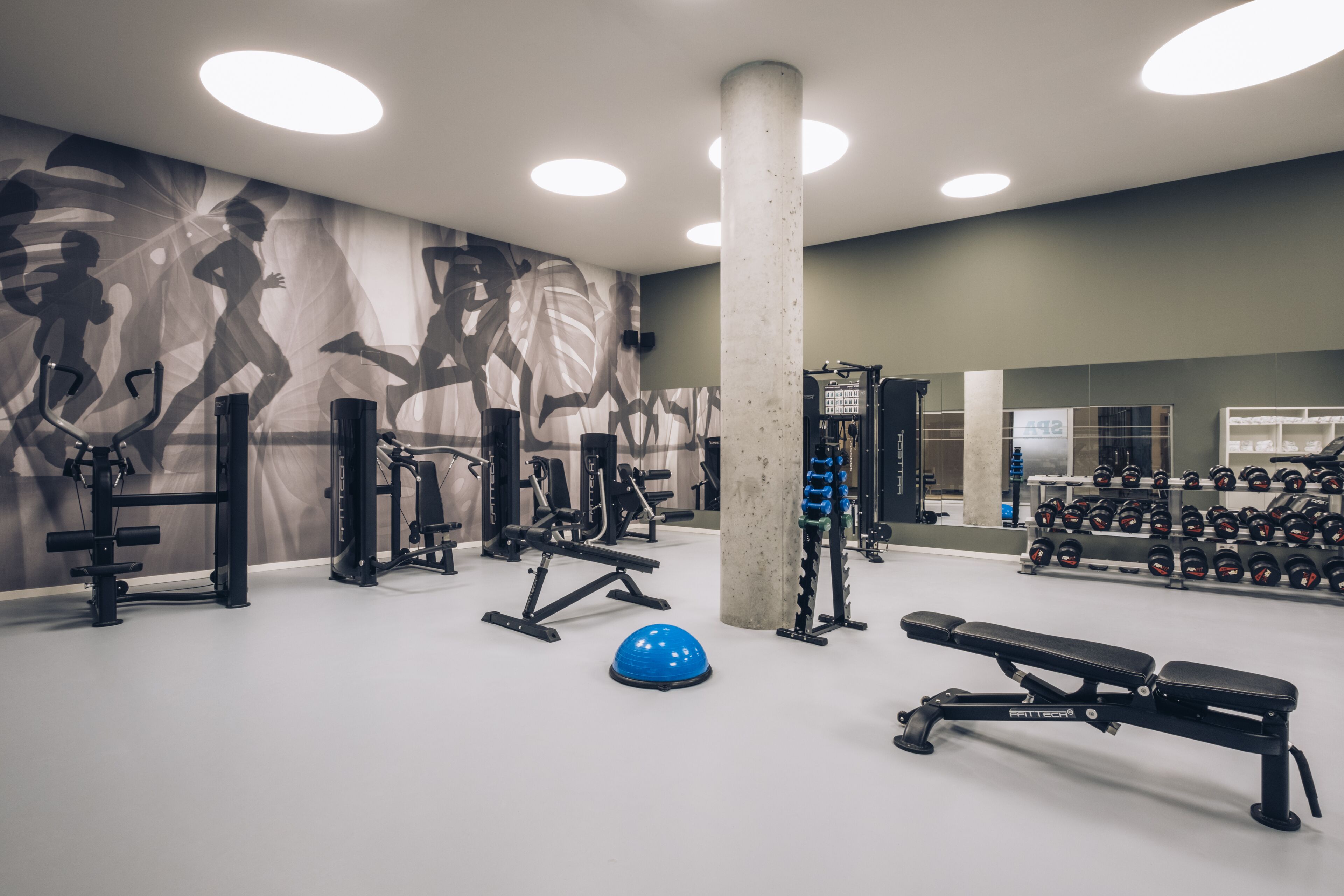 Een sportschool met diverse fitnessapparaten, een blauwe fitnessbal en haltersteunen.