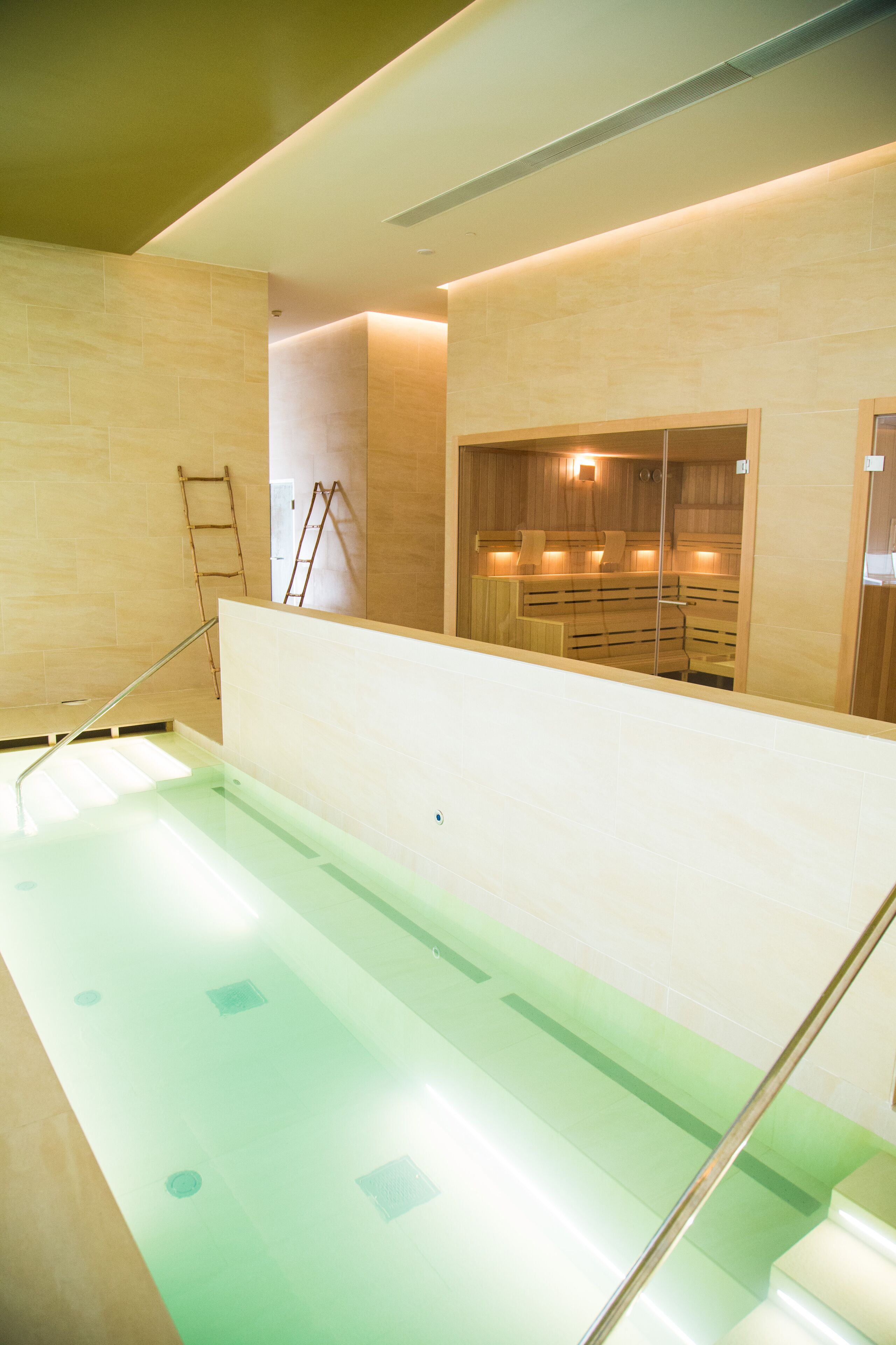 Un moderno espacio de spa con un jacuzzi de paredes de vidrio, bancos de madera y una escalera de acceso.