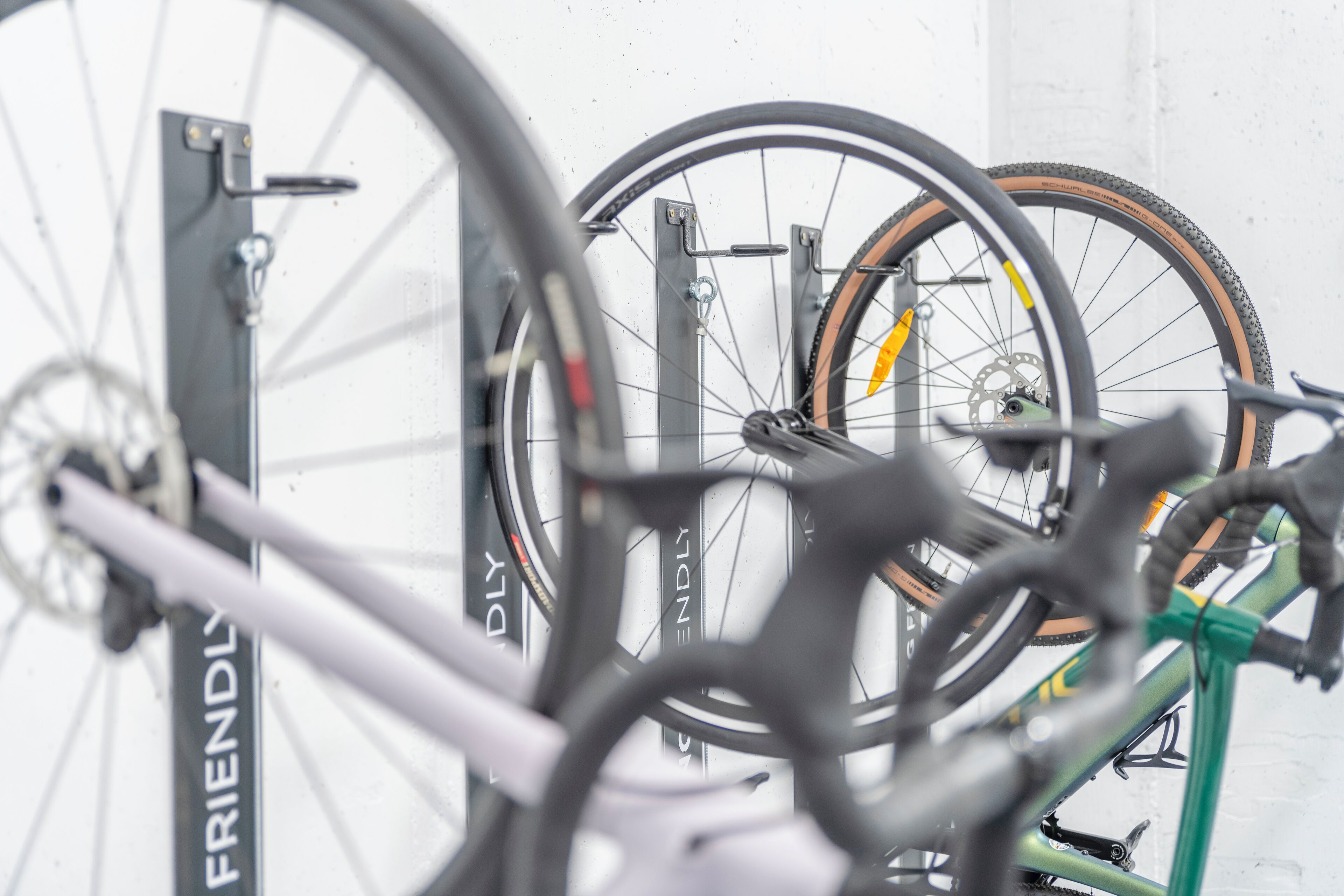 Bicycles mounted on a rack.
