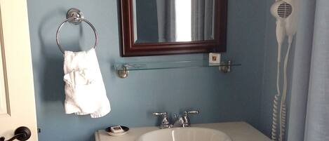 A bathroom with a sink, mirror, towel rack, and hairdryer.