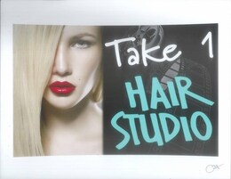 A promotional poster for a hair studio with a partial view of a person and stylized text.