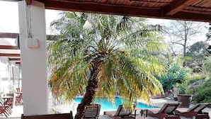 Una mesa de madera con sillas, una cesta de mimbre con adornos y una palmera al fondo.