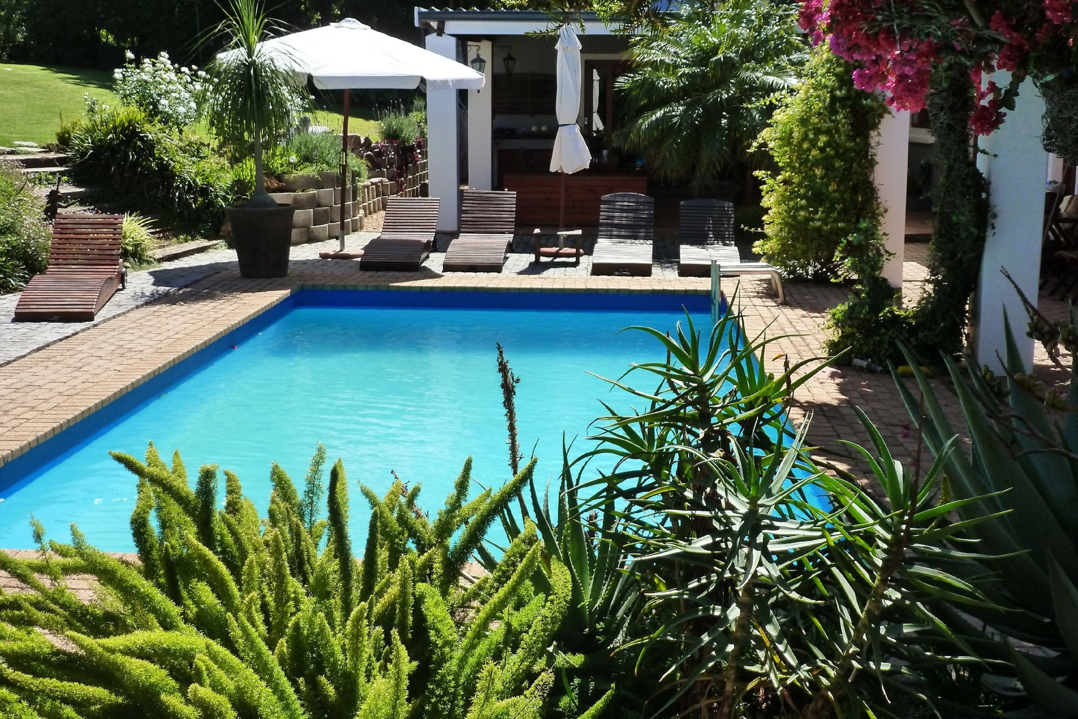 A rectangular swimming pool with a tiled deck, surrounded by lounge chairs and a pergola with umbrellas.