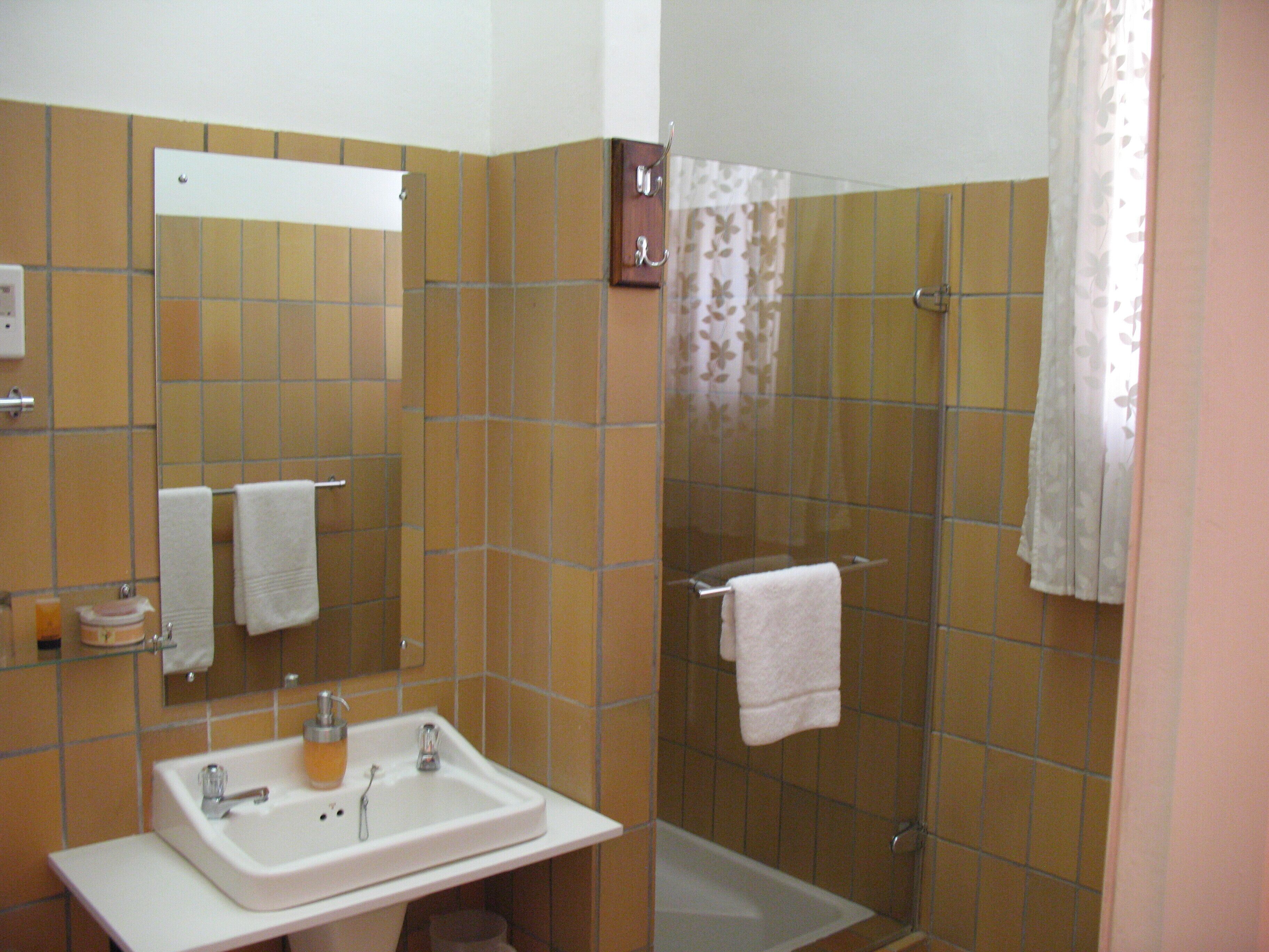 A bathroom with a sink, mirror, and shower.