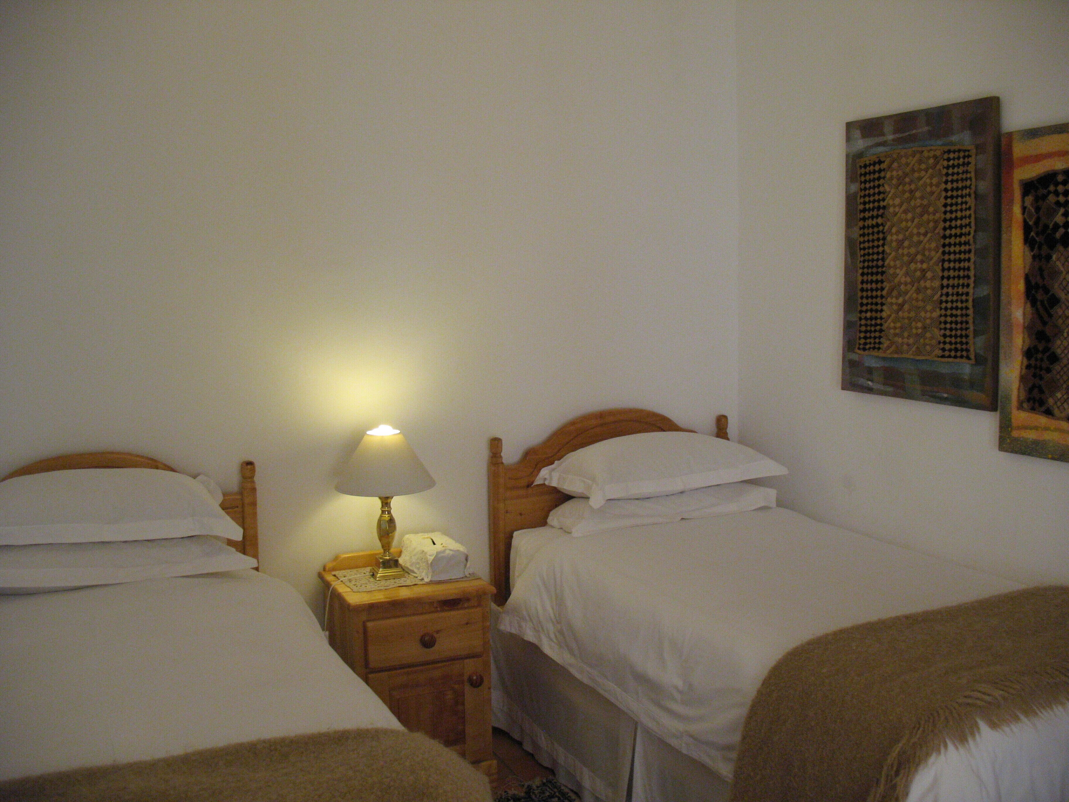 A room with two single beds, a nightstand with a lamp, and a wall-mounted artwork.